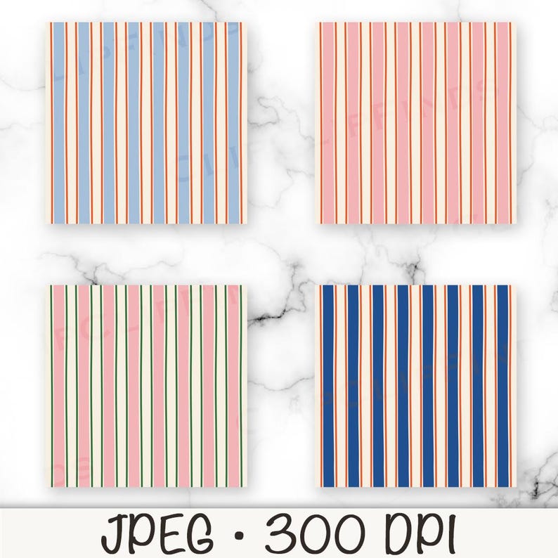 May include: Four square designs with vertical stripes in various color combinations: blue, pink, and green with white and red accents. The text "JPEG &bull; 300 DPI" is at the bottom.