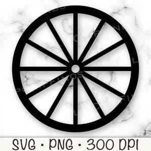 May include: Black wagon wheel graphic with spokes radiating from a central hub. The image includes the text "SVG • PNG • 300 DPI" at the bottom, set against a white marble background. This design is suitable for various crafting projects.
