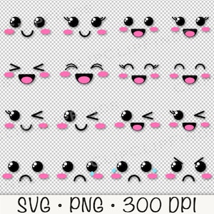 Puede incluir: Conjunto de 16 caras de dibujos animados kawaii con diferentes expresiones, incluyendo feliz, triste, sorprendido y gui&ntilde;ando un ojo. Las caras son negras y blancas con mejillas rosadas y pesta&ntilde;as.
