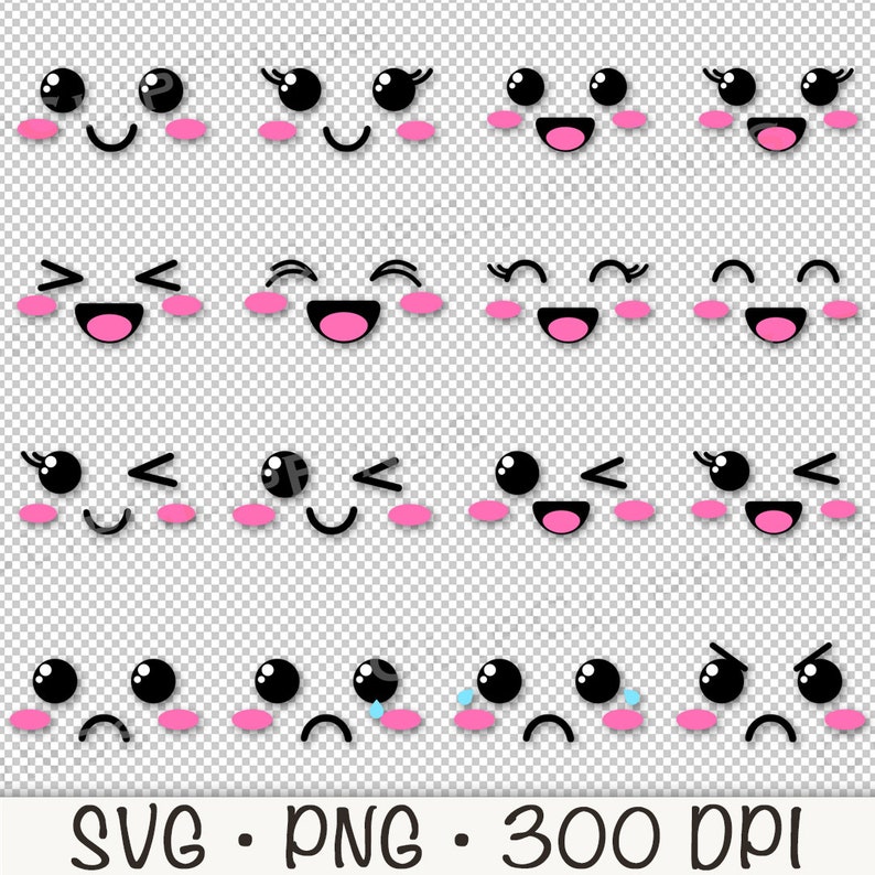 Puede incluir: Conjunto de 16 caras de dibujos animados kawaii con diferentes expresiones, incluyendo feliz, triste, sorprendido y gui&ntilde;ando un ojo. Las caras son negras y blancas con mejillas rosadas y pesta&ntilde;as.