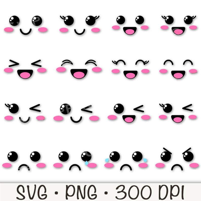 Puede incluir: Conjunto de 16 caras de dibujos animados kawaii con diferentes expresiones, incluyendo feliz, triste, sorprendido y gui&ntilde;ando un ojo. Las caras son en blanco y negro con mejillas rosadas y pesta&ntilde;as.