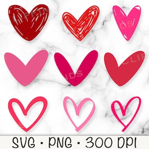May include: Nine heart-shaped graphics in shades of red and pink, with varying styles, including solid, outlined, and sketched designs. The image includes the text "SVG • PNG • 300 DPI" at the bottom, set against a marble-like background.