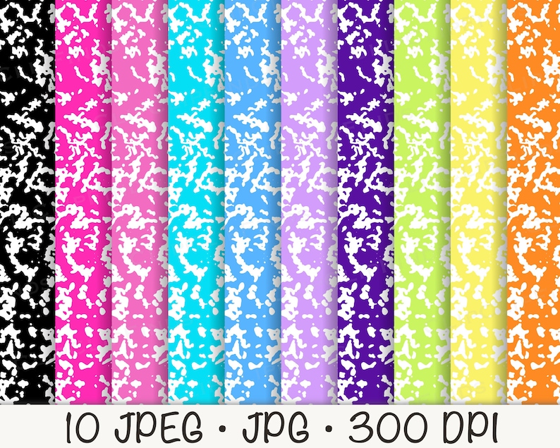 May include: Ten digital paper textures in various colors, including black, pink, blue, purple, green, yellow, and orange. Each texture features a white speckled pattern.