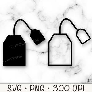 Puede incluir: Gráfico en blanco y negro de dos bolsitas de té. Una es negra sólida, la otra es un contorno. Ambas tienen una etiqueta unida por una línea curva. El fondo es un patrón de mármol. El texto "SVG • PNG • 300 DPI" está en la parte inferior.