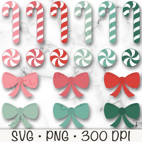 Candy Cane, Peppermint Ball, Bow, Pastel, Mint Green, Pink, Wintergreen, SVG, PNG, Peppermint Clipart, Modern Flat, Instant Digital Download