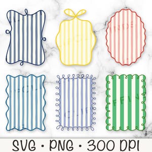 Può includere: Sei design di cornici decorative con motivi a righe blu, gialle, rosse e verdi. Le cornici hanno forme e bordi diversi. L'immagine include il testo "SVG • PNG • 300 DPI".