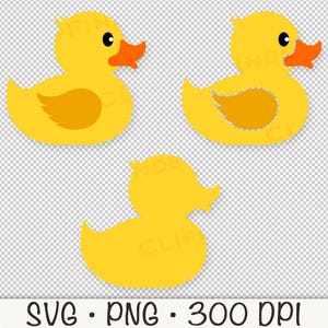 May include: Three yellow rubber duck illustrations with orange beaks and wing details. The ducks are in different poses, with one as a silhouette. The bottom of the image includes the text "SVG &bull; PNG &bull; 300 DPI".