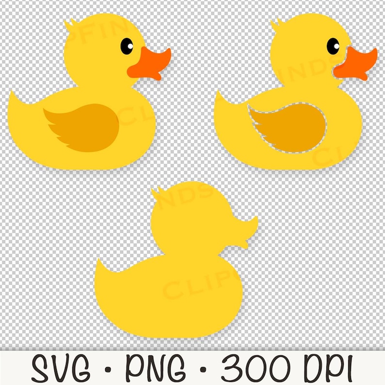 May include: Three yellow rubber duck illustrations with orange beaks and wing details. The ducks are in different poses, with one as a silhouette. The bottom of the image includes the text "SVG &bull; PNG &bull; 300 DPI".