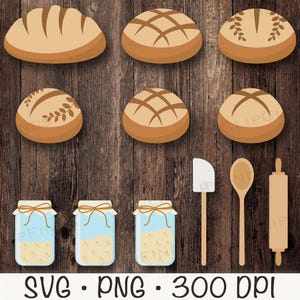 May include: A collection of illustrated baked goods and baking tools. The image features various types of bread, jars, a spatula, a wooden spoon, and a rolling pin. The text "SVG • PNG • 300 DPI" is at the bottom.