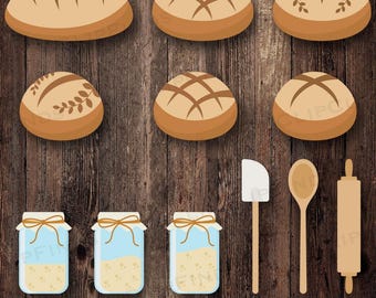 May include: A collection of illustrated baked goods and baking tools. The image features various types of bread, jars, a spatula, a wooden spoon, and a rolling pin. The text "SVG • PNG • 300 DPI" is at the bottom.