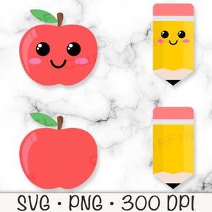 Appel en potlood SVG, schoolpotlood SVG, Teacher's Apple Svg, schattige kawaii, schattig gezicht, digitale download