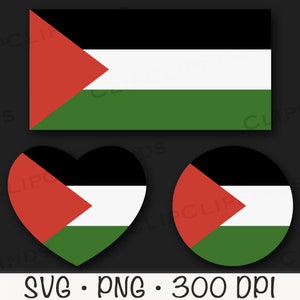 May include: Three variations of the Palestinian flag: a standard rectangular flag, a heart-shaped flag, and a circular flag. All three flags feature black, white, green, and red colours.