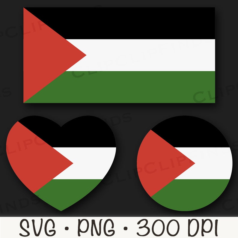 May include: Three variations of the Palestinian flag: a standard rectangular flag, a heart-shaped flag, and a circular flag. All three flags feature black, white, green, and red colours.