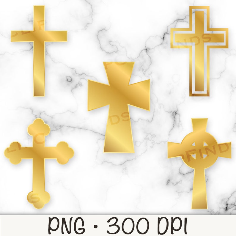 May include: Five gold crosses of different styles, including a Celtic cross, on a white marble background. PNG - 300 DPI.