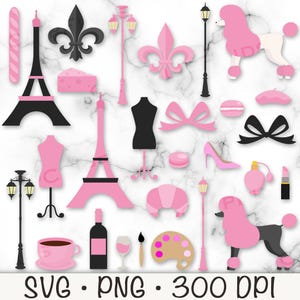 Rose Paris Clipart, PNG Paris, Paris SVG, voyage, Paris Clipart, Clipart Paris rose et noir, Tour Eiffel, Bonjour, téléchargement numérique