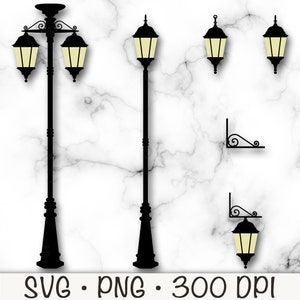 Vintage Street Lights SVG, Lamp Post PNG, Street Lamps Clipart, Transparent Background Overlay, Hanging Lantern, Sidewalk, Digital Download