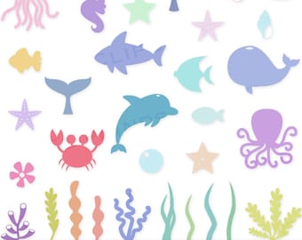 Animaux marins SVG, formes PNG d'animaux marins, algues, algues, dauphin, baleine, requin, queue de sirène, coquillage, crabe, étoile de mer, hippocampe, poulpe