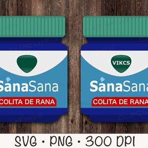 May include: Two blue and green medicine bottles with the text "SanaSana Colita de Rana" and the logo "VIKCS" on the front.