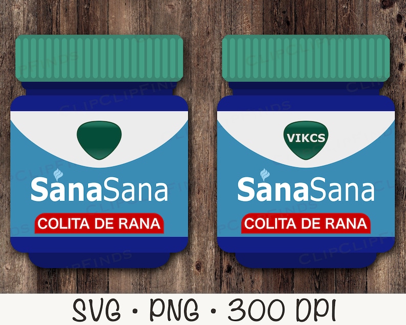 May include: Two blue and green medicine bottles with the text "SanaSana Colita de Rana" and the logo "VIKCS" on the front.