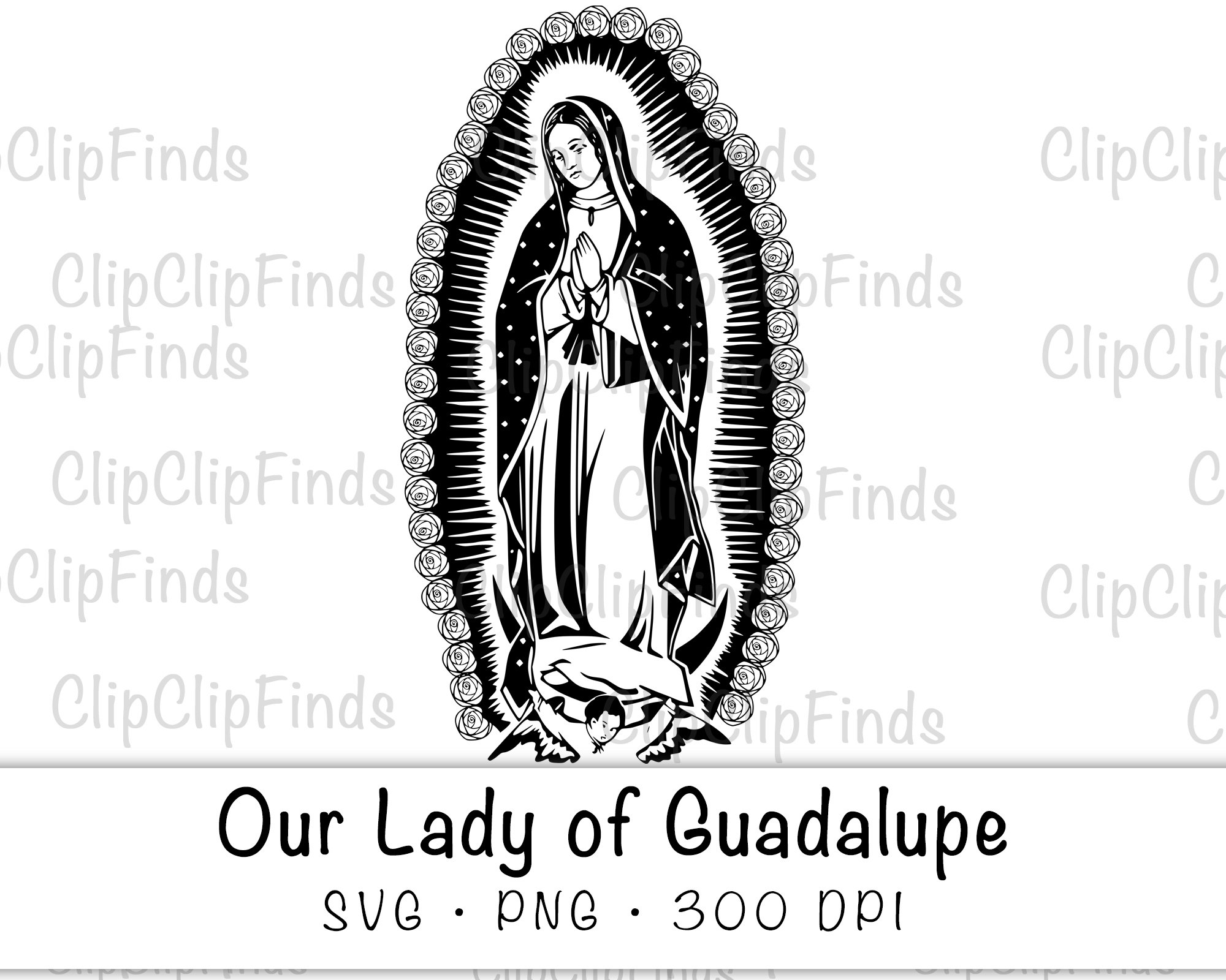 Virgen de Guadalupe mit Rosen SVG Vektor geschnittene Datei und PNG transparenten Hintergrund Clip Art Sofort Download