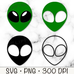 Könnte beinhalten: Vier Alien-Kopf-Silhouetten, zwei grün und zwei schwarz. Die grünen Aliens haben weiße Augen, und die schwarzen Aliens haben weiße Umrisse.