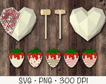 White Chocolate Breakable Heart, White Chocolate Covered Strawberries, Valentine's Day Clipart, SVG, PNG, Instant Digital Download