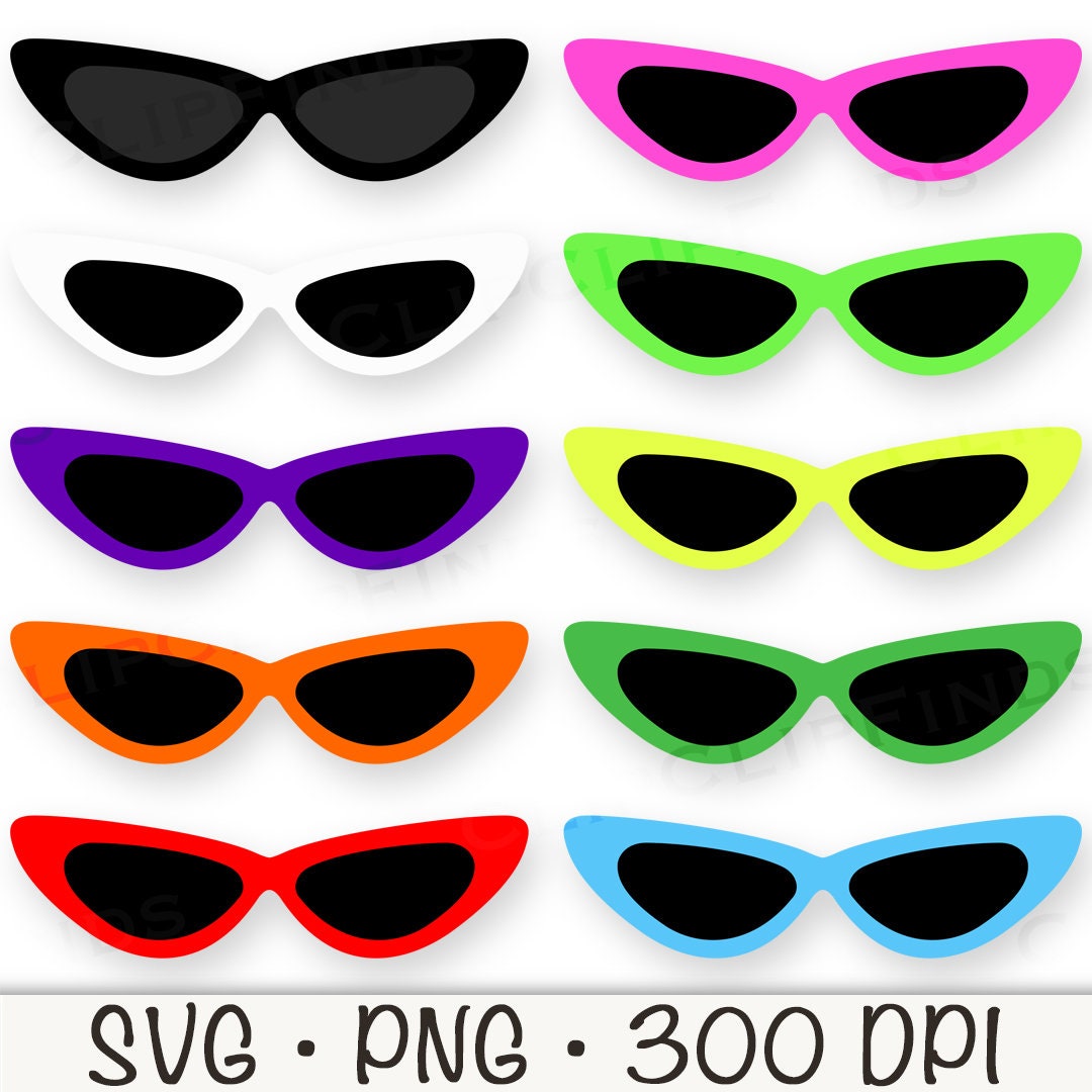 Retro Cat Eye Sunglasses Clip Art: 60s Style, Colorful Summer