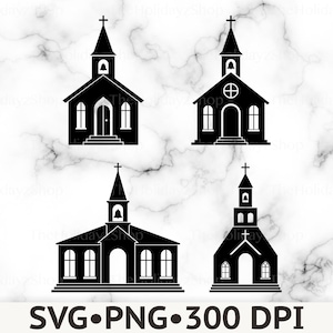 May include: A set of four black silhouette church icons featuring various architectural designs with steeples, bell towers, arched windows, and doorways. The graphic elements are arranged in a grid pattern, showcasing distinct building styles.