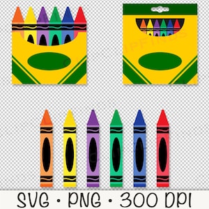 May include: A set of eight crayons in a yellow box with a green lid. The crayons are red, orange, yellow, green, blue, purple, brown, and black. The crayons are arranged in a row in the box. The box has a green label with the word "Crayons" on it. The crayons are 300 DPI.