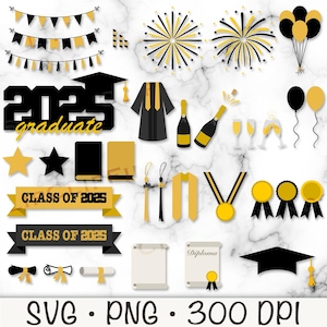 Clipart de remise des diplômes, lot de 2025 noir et or, des cliparts, de gâteau, PNG SVG, téléchargement numérique instantané