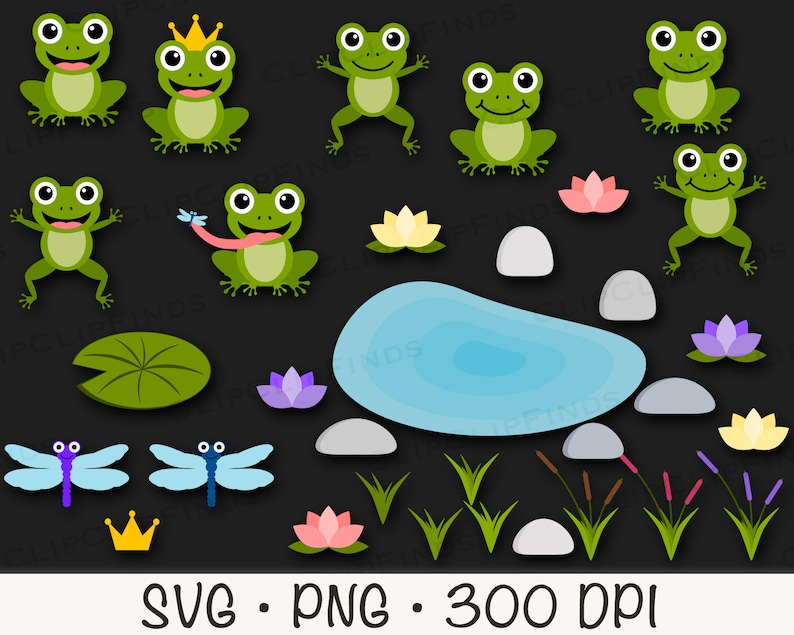 May include: Green frog clip art illustrations with a crown, lily pads, water, and rocks.  SVG and PNG files included. 300 DPI.