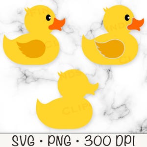 May include: Three yellow rubber duck illustrations with orange beaks and wing details. The ducks are in different poses, with one a silhouette. The image includes the text "SVG &bull; PNG &bull; 300 DPI".