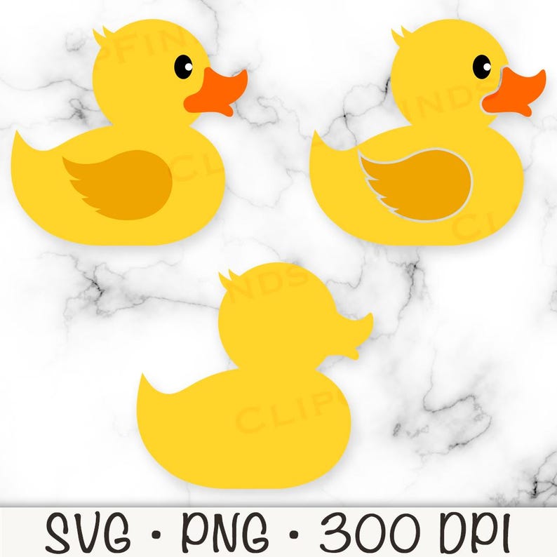 May include: Three yellow rubber duck illustrations with orange beaks and wing details. The ducks are in different poses, with one a silhouette. The image includes the text "SVG &bull; PNG &bull; 300 DPI".
