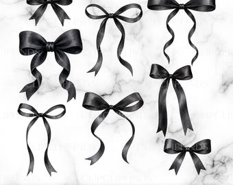 Black Watercolor Bows Clipart, PNG, Coquette Aesthetic, Whimsical Ribbons, Preppy, Digital Download File