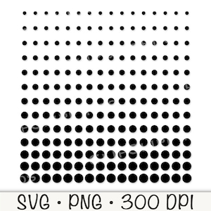 May include: Black and white polka dot pattern with a gradient of increasing dot size. The pattern is made up of 10 rows of dots with 15 dots in each row.