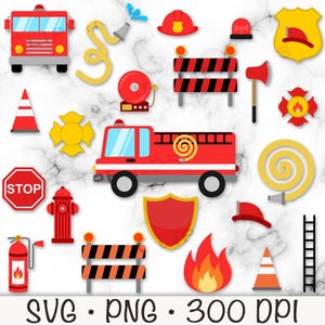 Puede incluir: Un conjunto de 18 imágenes de clipart con temática de bomberos en rojo y amarillo. Las imágenes incluyen un camión de bomberos, una boca de incendios, una señal de stop, una manguera de incendios, un extintor, un sombrero de bombero, un hacha de bomberos y más. SVG. PNG. 300 DPI.