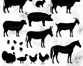 Farm Animals SVG, PNG, Silhouette Shapes, Vector, Cow, Bull, Donkey, Chicken, Sheep, Goat, Rooster, Chicken, Chicks, Turkey, Duck, Egg, Pig