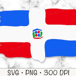 May include: A digital illustration of the Dominican Republic flag. The flag is red, white, and blue with a coat of arms in the center. The flag is in a brushstroke style.