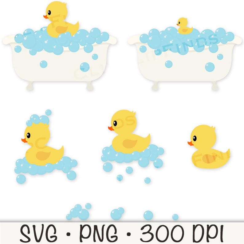 May include: A set of five yellow rubber ducky bath toys with blue bubbles. The ducks are in different poses, some are in a bathtub, some are floating in bubbles, and some are on their own. The ducks are all smiling and have orange beaks.