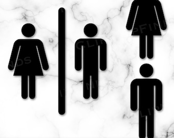 May include: Black and white silhouette icons of a man and woman, with a vertical line separating them. The icons are commonly used to indicate restrooms.