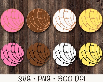 May include: Six different colored round designs with a swirl pattern. The colors are pink, brown, white, yellow, pink, brown, white, and yellow.  SVG. PNG. 300 DPI.