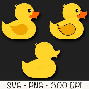 May include: Three yellow rubber duck illustrations with orange beaks and wing details. The ducks are in different poses, with one a solid yellow silhouette. The image includes the text "SVG &bull; PNG &bull; 300 DPI".