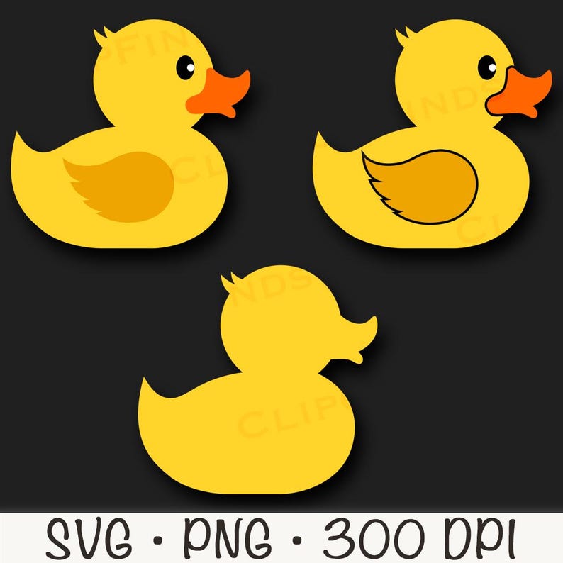 May include: Three yellow rubber duck illustrations with orange beaks and wing details. The ducks are in different poses, with one a solid yellow silhouette. The image includes the text "SVG &bull; PNG &bull; 300 DPI".