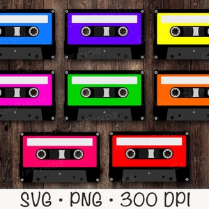 Retro cassettebandjes uit de jaren 80, neon, kleurrijk, SVG, PNG, illustraties, instant digitale download