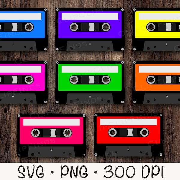 80's Retro Cassette Tapes, Neon, Colorfull, SVG, PNG, Clip Art, Instant Digital Download