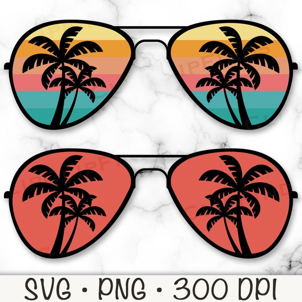 Palm Tree Sunglasses SVG, Aviators SVG, Retro Sunset PNG, Beach Sunglasses, Vintage Sunset, Vacation, Beach, Digital Download