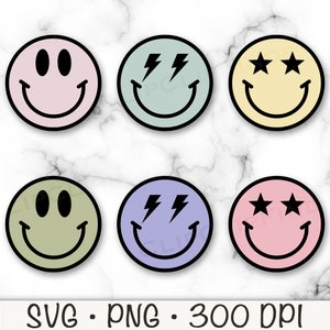 Happy Face Smiley Bundle, Hippie, Groovy, SVG, PNG, Thunder Eyes, Star Eyes, Fondo transparente, Sublimación, Descarga instantánea