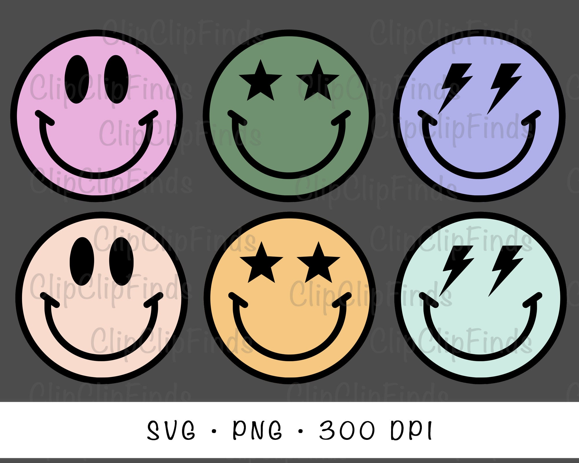 Happy Face Smiley Bundle, Hippie, Groovy, SVG Vector Cut File and