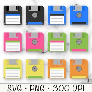 May include: A selection of vibrant, retro floppy disk illustrations in a range of colours, including black, blue, pink, green, yellow, and orange. The image includes the text "SVG • PNG • 300 DPI" at the bottom.