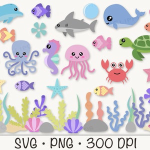 Cute Sea Animals SVG, Ocean Sea Animals PNG Clipart, Starfish, Whale, Octopus, Shark, Fish, Clam, Turtle, Seaweed, Sea Algae, Seahorse image 5